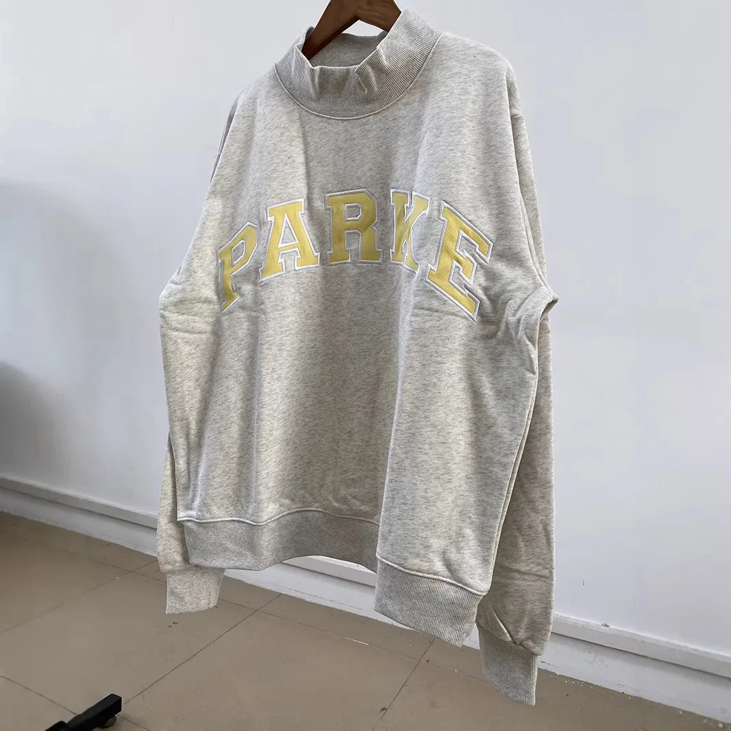 Spring new style niche North American PK letter patchwork embroidered floral cotton half-high neck women's sweater - ATFH