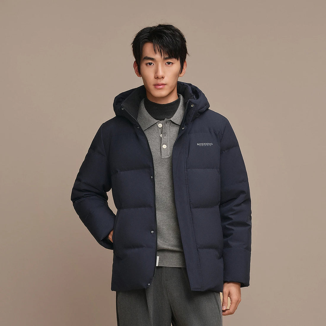 Bosideng Mens Short Hooded Down Jacket With Ribbed Cuffs High Neck And Double Placket For Windproof Warmth