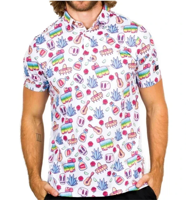 Summer Printed Floral Casual Golf T-shirt Men Outdoor Short Sleeve Quick Dry Breathable Clothing Lapel F4 Racing Polo T-shirt