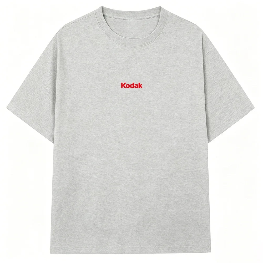 Black Kodak Basic Red Center Logo Graphic Tee, Simple White-on-Black Brand Print, Cotton Crewneck for Daily Casual Wear ATFH