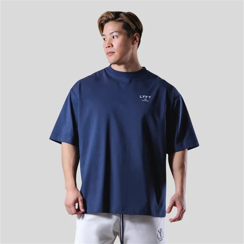 LYFT 210G 100% Cotton Fashion Fitness Sports Short Sleeve Men's Loose T-shirt Summer Workout Casual O-neck Running Tees Tops ATFH