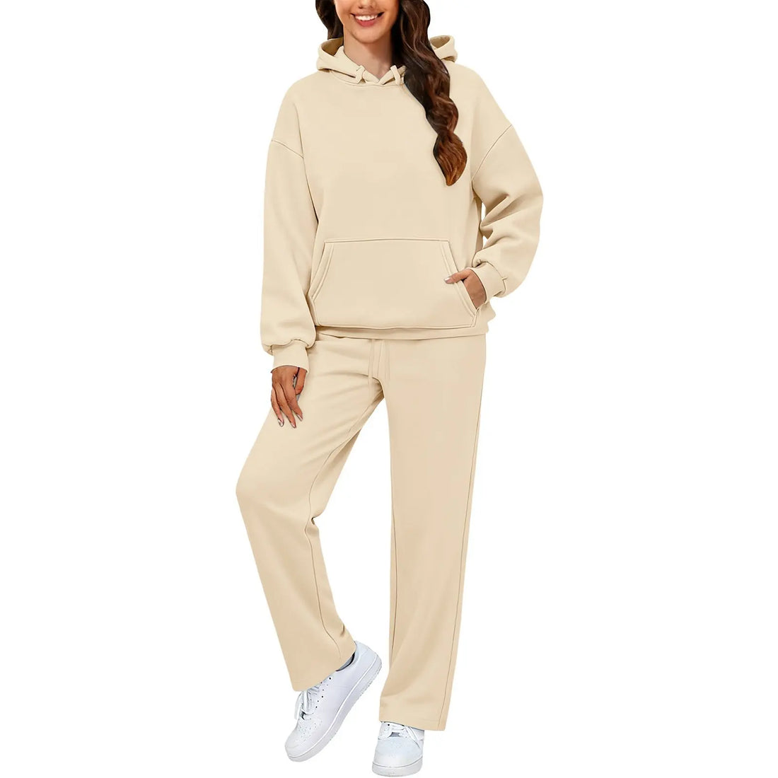 Autumn Winter Women Hoodie+Wide Leg Pants Two Pieces Casual Fleece Loose Long Sleeve Tracksuit Comfortable Sports Women Suit