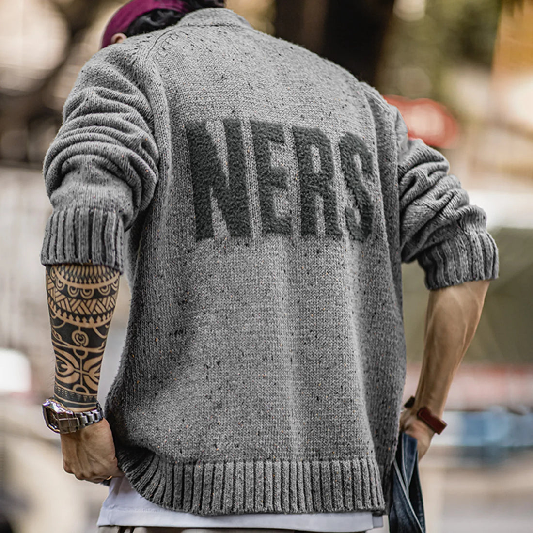 Maden Vintage Men's Gray Letter Jacquard Sweater V-Neck Draped Pullover Thermal Heathered Effect Knitwear for Autumn Winter - ATFH