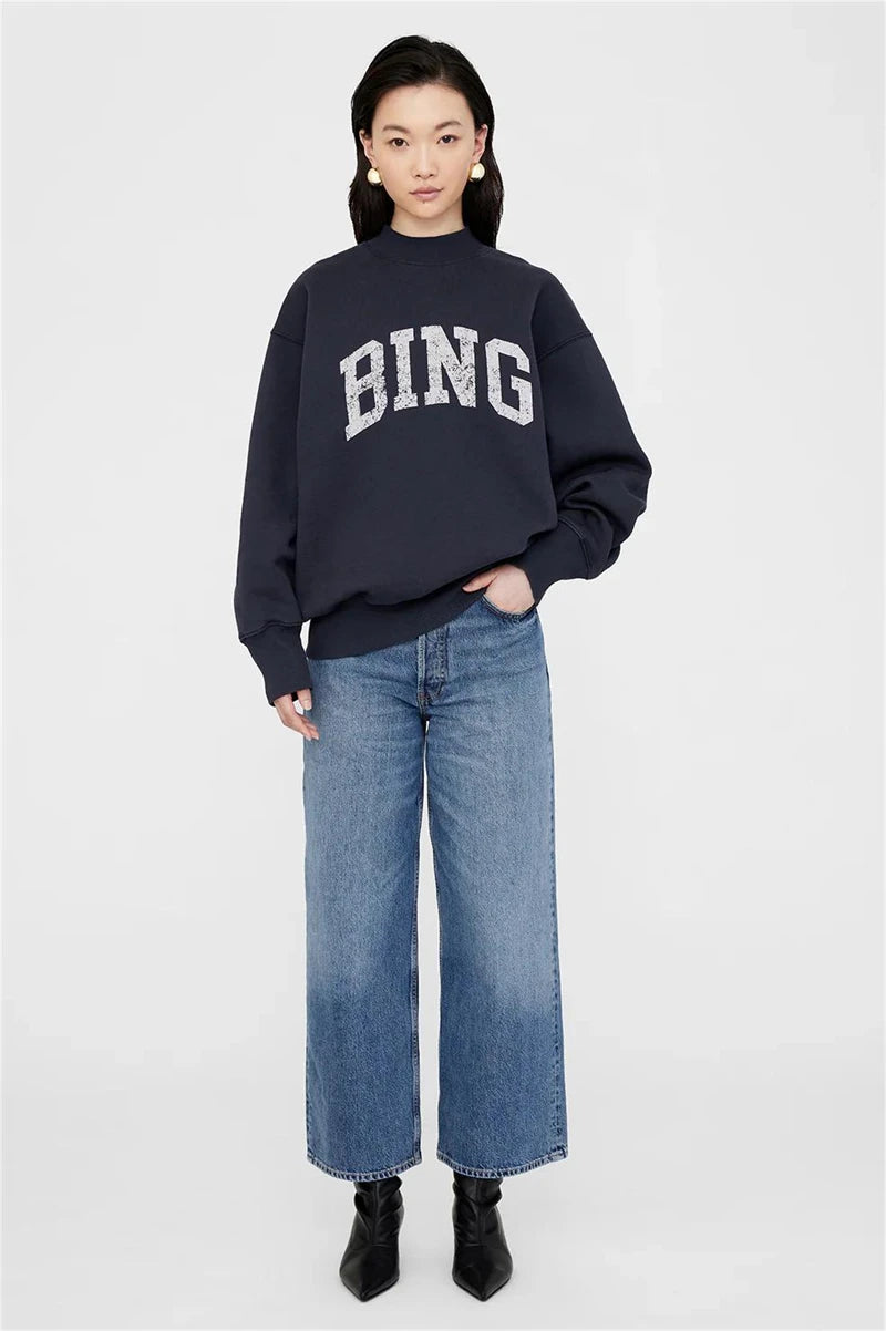 2025 Winter New North American Niche Classic Letter BING Printed Inner Fleece High Neck Loose Women's Sweatshirt - ATFH