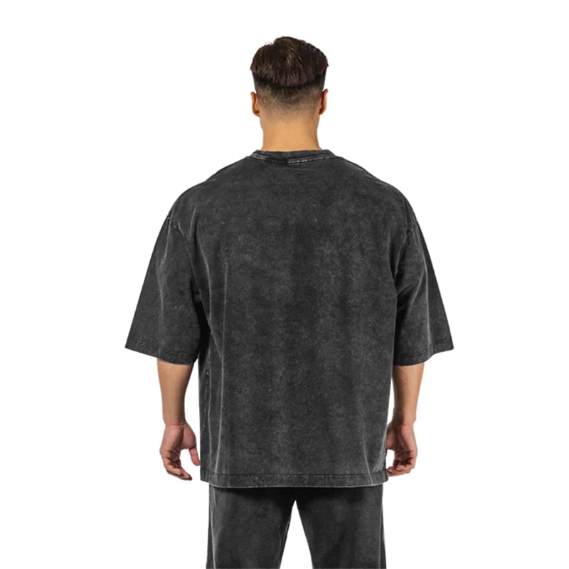 Washed T-Shirt 230G 100Cotton Solid Oversized Loose Fitness Mens Tee Tops Dropped Shoulders Short Sleeve Gym Bodybuilding Shirts ATFH