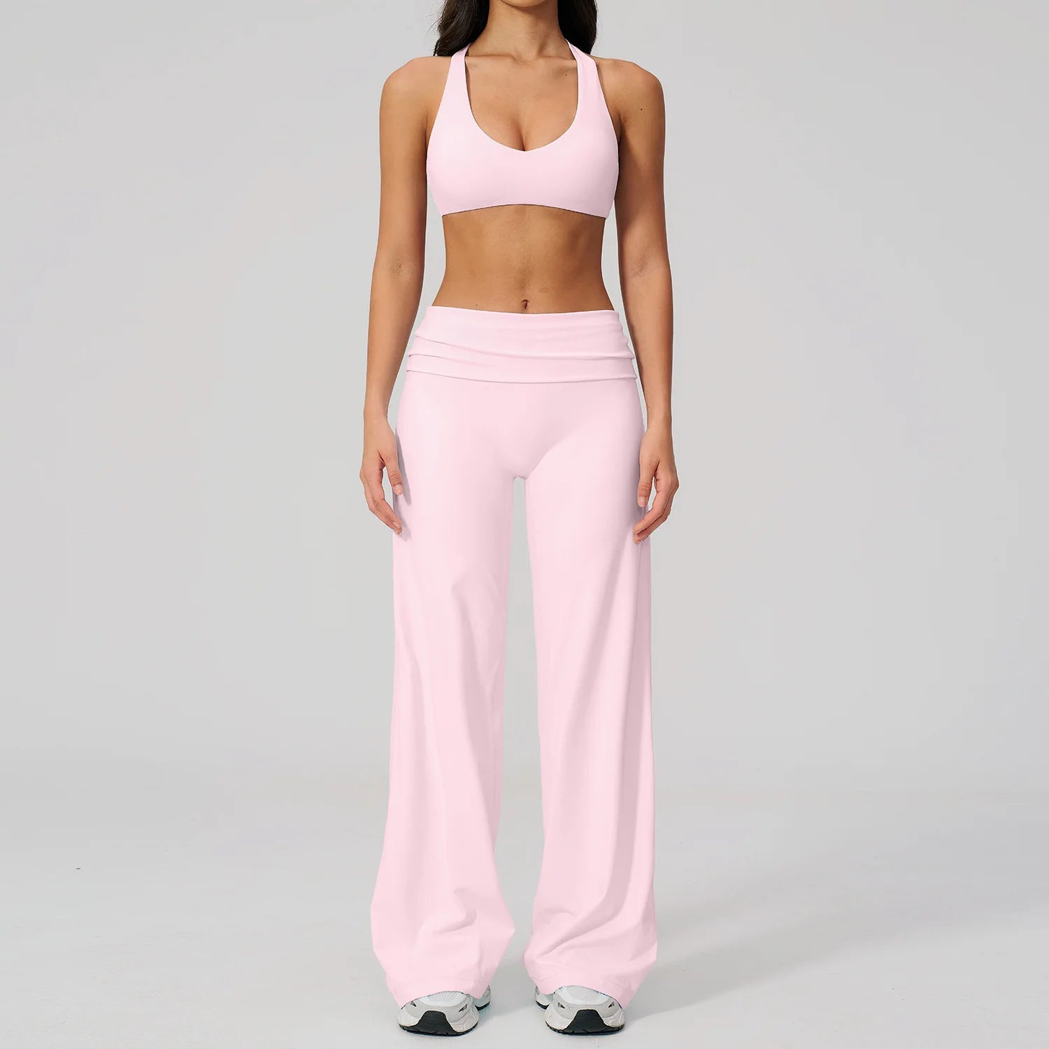 2PCS Fitness Suit Gym Tracksuits Deep V Yoga Bra Athletic Wear Female High Waist Workout Flared Pants Sports Set Yoga Clothes