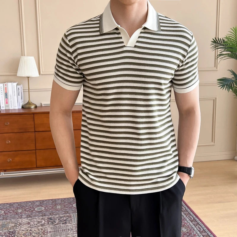 Men's Stripe Polo Shirt, Short Sleeve Breathable T-Shirt with Turn-Down Collar Retro Style Fit  Casual Business Wear 57%cotton