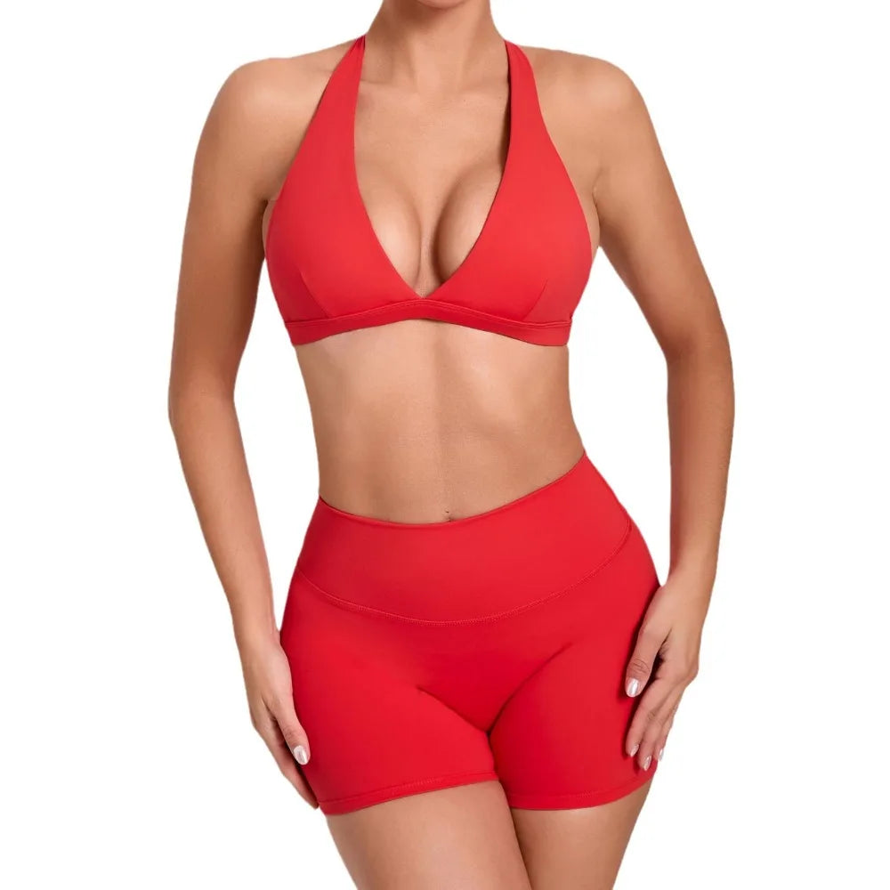 Quick-Dry Yoga Set Sexy Sports Running Fitness Outfit Gym Workout Clothes Open Back Bra Yoga Sportwear Shorts Sets for Women - ATFH