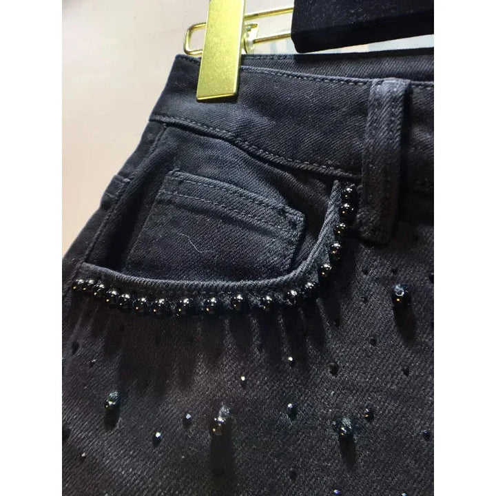 New Summer Denim Patchwork Hook Flower Hollow Lace Straight Leg Wide Leg Pants Casual High Waist Heavy Embroidery Rhinestone ATFH