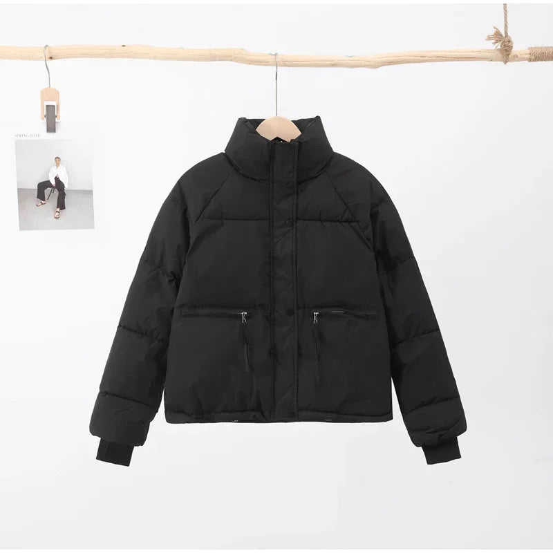 Casual Short Winter Jacket Women Stand Collar Zipper Warm Parkas High Street Padding Coat Female 2024 Winter Lady Down Coats ATFH