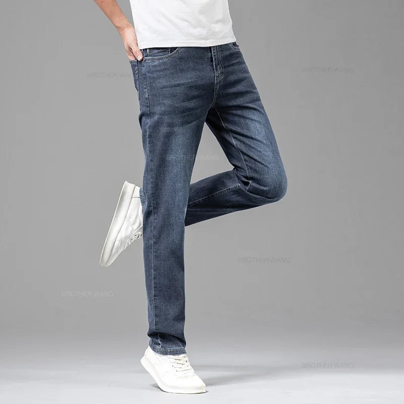 Summer Thin Men's Elastic Cotton Jeans Fashion Gray Comfortable Business Straight Casual Pants Brand Male Clothes Trousers ATFH