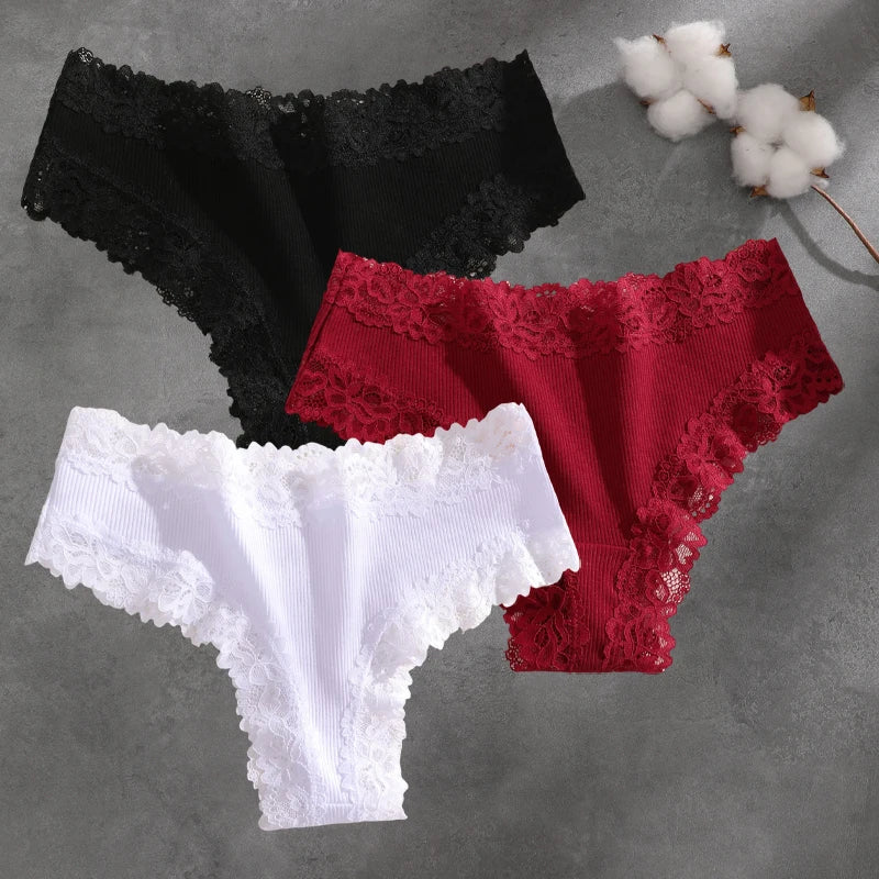 3Pcs Cotton Lace Patchwork Bikini Panties Women Seamless Floral Print Brazilian Pants Low Waist Breathable Female Sexy Lingerie