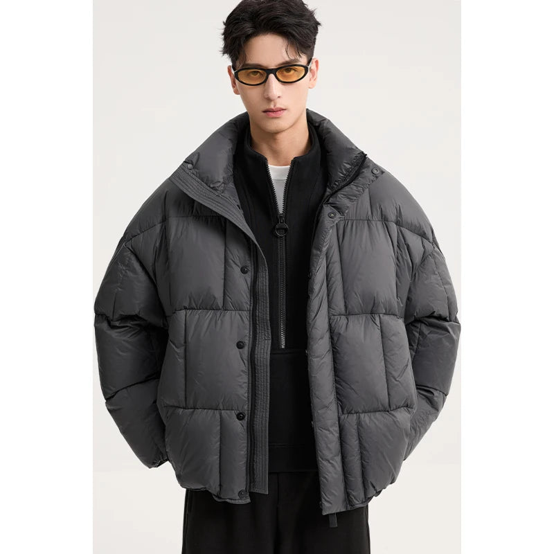 Men's Solid Color Puff Down Coats 2026 Winter Fashion Thick Warm Loose Jackets Male Stand-up Collar Bread Overcoats W919