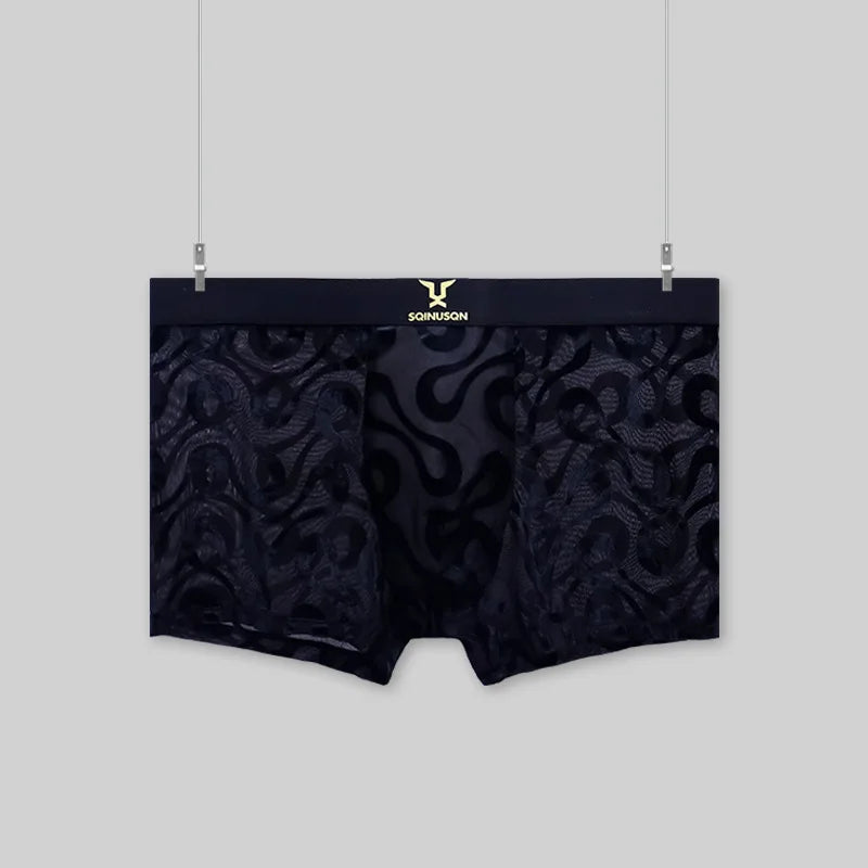 Luxury Men's Sheer Mesh Boxer Briefs Sexy Velvet Flocked Print Underwear Wide Elastic Waistband Breathable 3D Contour Pouch No R