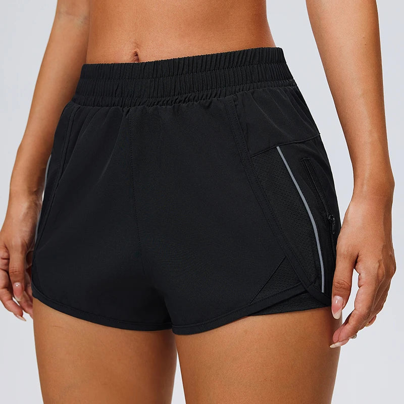 Sports pocket shorts, women's running loose three quarter pants, quick drying lining, anti glare double-layer fitness Tahsi Fashion House