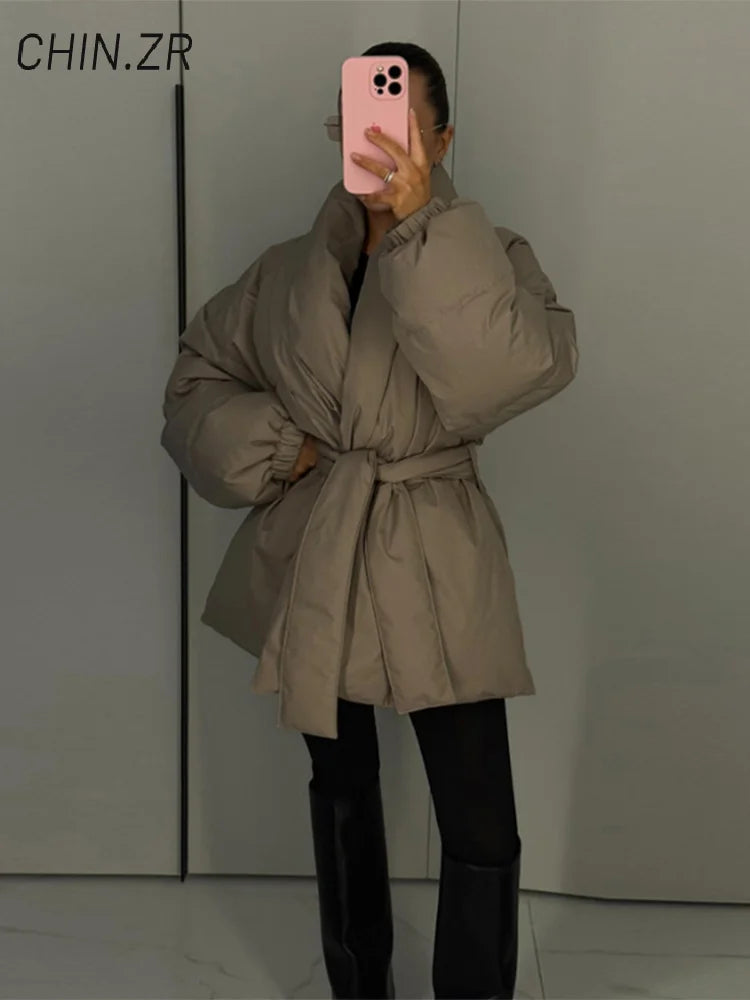 Casual Lace Up Women Winter Coats 2025 Belt Stand Collar Zipper Full Sleeve Kimono Jacket Lady Solid Thick Warm Outwear New ATFH