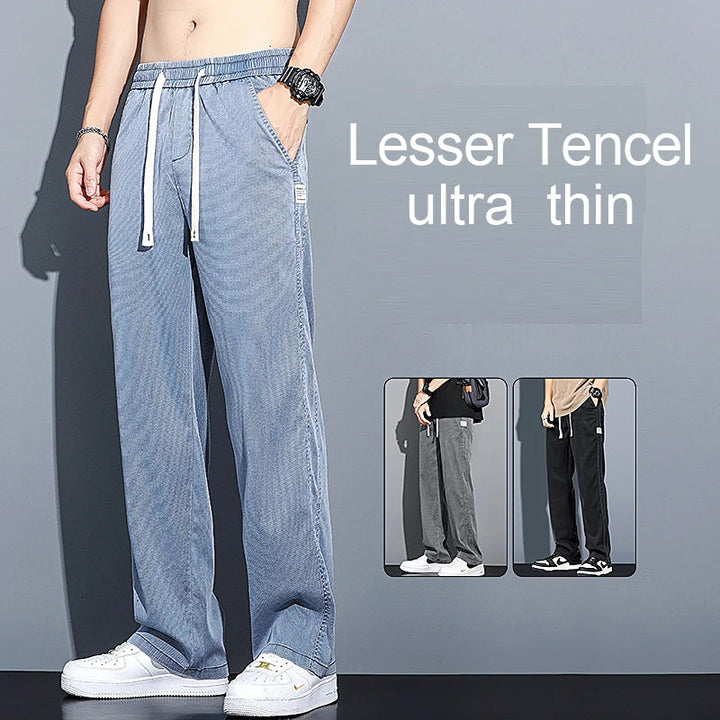2024 Spring/Summer New Soft Lyocell Fabric Men's Jeans Thin Loose Straight Leg PantsDrawstring Elastic Waist Korean casual pants ATFH