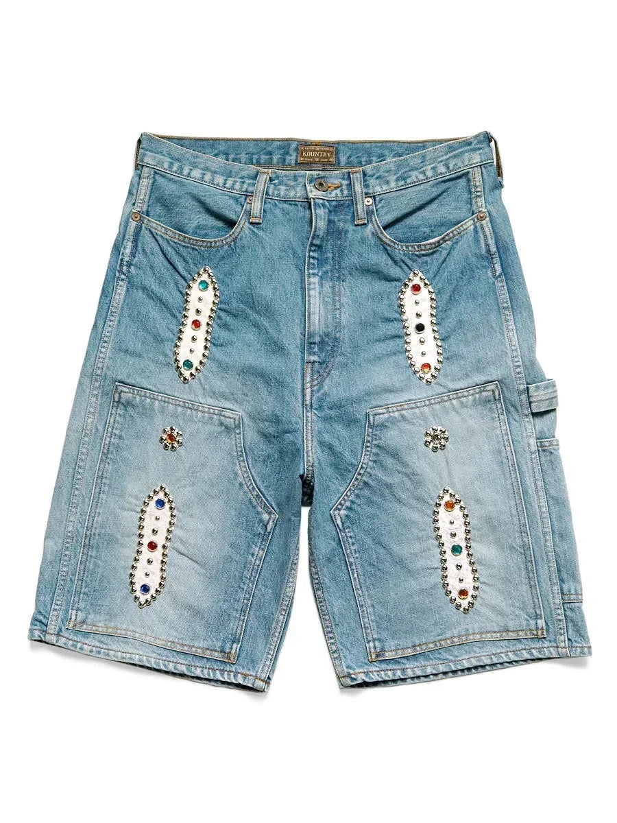 KAPITAL Japan 23SS New Blue-dyed Vintage Washed Loose-fitting Studded Gem Denim Shorts for Men ATFH