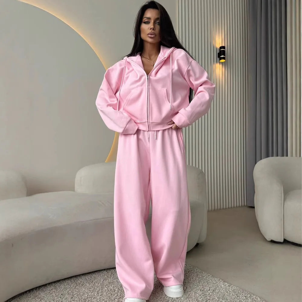 Cotton Hoodies Sweatshirt Two-piece Suit Women Casual Sports Sets Autumn Zip-up Short Coat Straight Trousers Loose 2-piece Sets