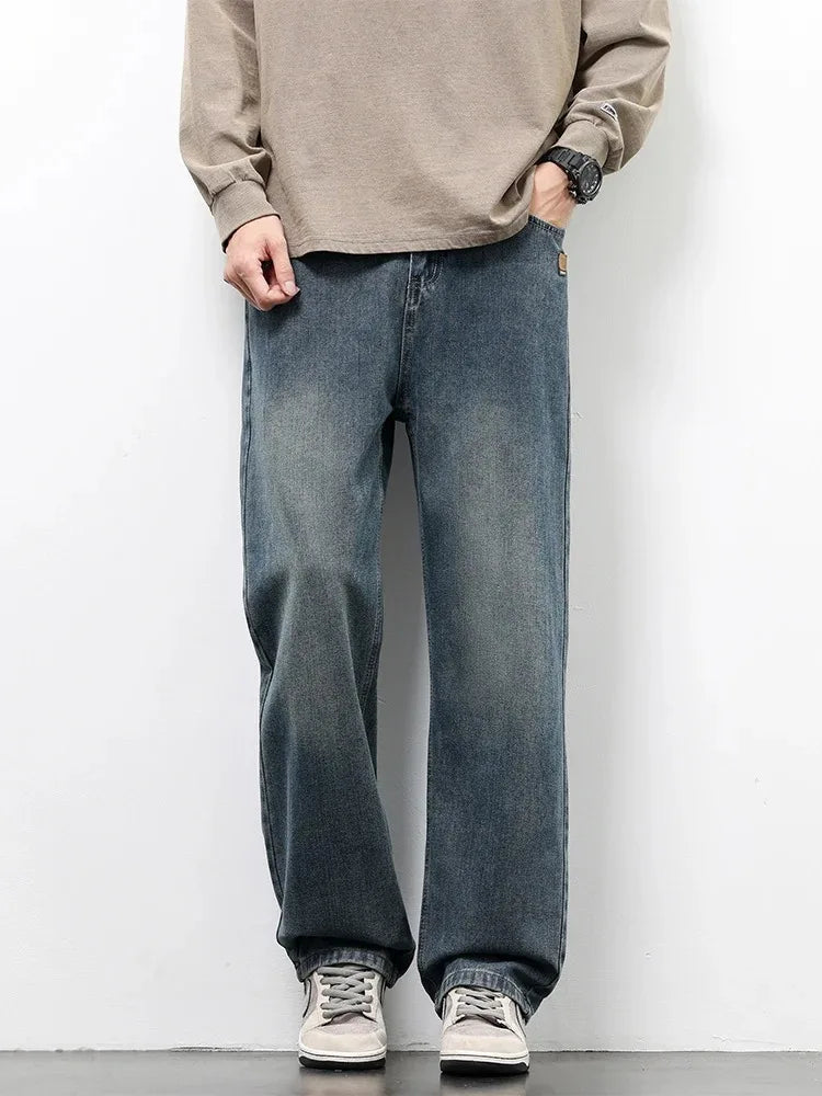 Spring Autumn American Retro Straight Jeans Men Streetwear Korean Fashion Loose Baggy Wide Leg Denim Pants Male Casual Trousers ATFH