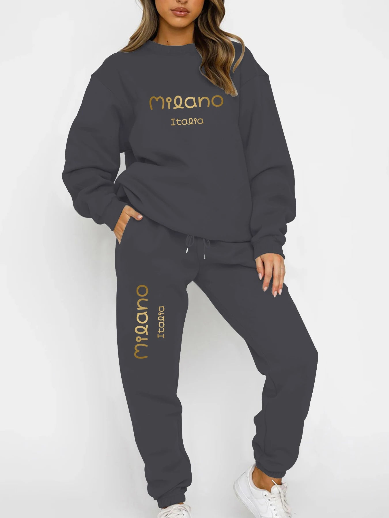 Autumn and Winter Essential Fleece-Lined Thickened Crewneck Sweatshirt Set, European and American Trendy Couple's Sweatshirt and Sweatpants Two-Piece Set, Women's Loose Oversize Sweatshirt + Long Pants, Long-Sleeve Regular Fi