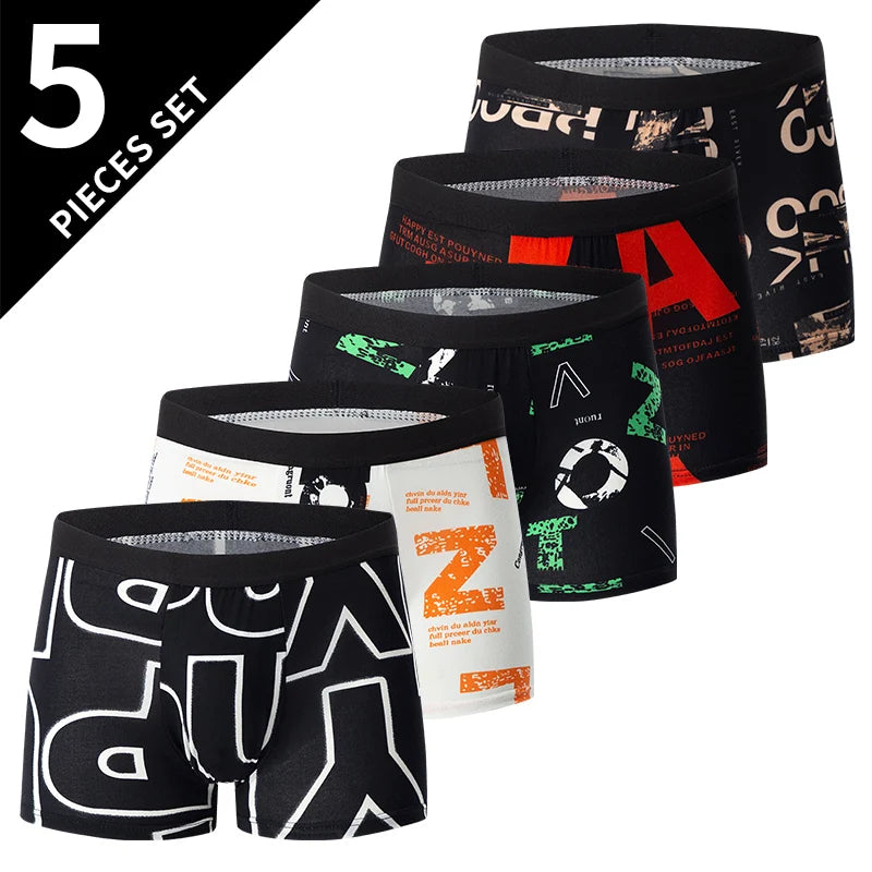 5-piece Set Of Black Gold Printed Men's Underwear Quick Drying Breathable Comfortable Elastic Casual Fashionable And Trendy