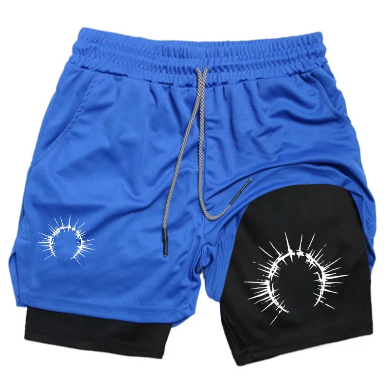 Men's 2-in-1 Shorts Training Fitness Phone Pocket Breathable Quick-Dry Summer Men Shorts Abstract Print