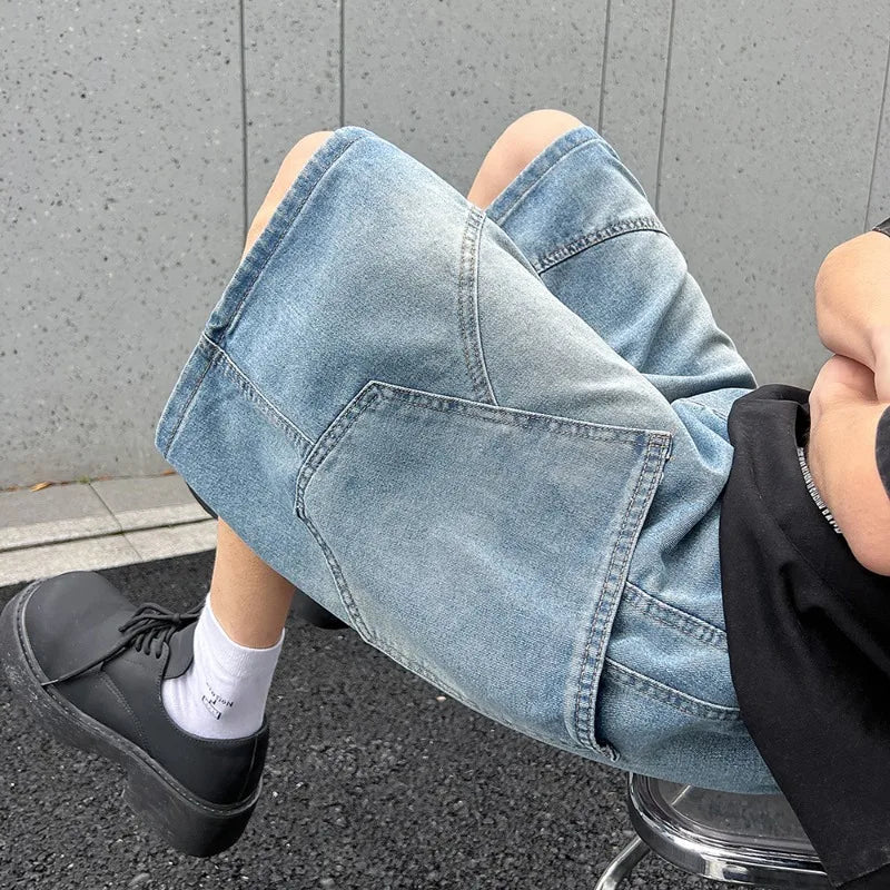 Summer New Baggy Denim Shorts Fashion Casual Straight Harajuku Jeans Male Vintage Wash Drawstring Short Pants Streetwear ATFH