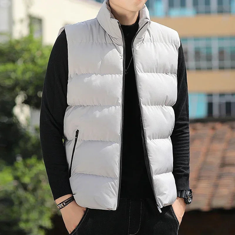 New Vest Men Winter Thick Cotton-Padded Stand Collar Vests Solid Sleeveless Zipper Jacket Male Warm Waistcoat Gilet Veste Hommes