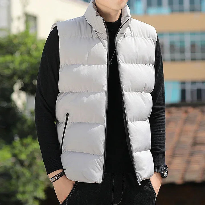 New Vest Men Winter Thick Cotton-Padded Stand Collar Vests Solid Sleeveless Zipper Jacket Male Warm Waistcoat Gilet Veste Hommes
