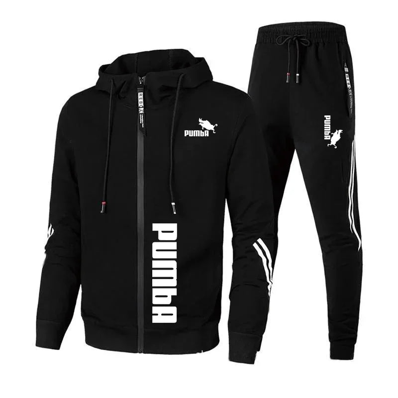 New men's hooded sweatshirt and pants 2-piece set, spring and autumn outdoor casual zippered windproof men's sportswear set - ATFH