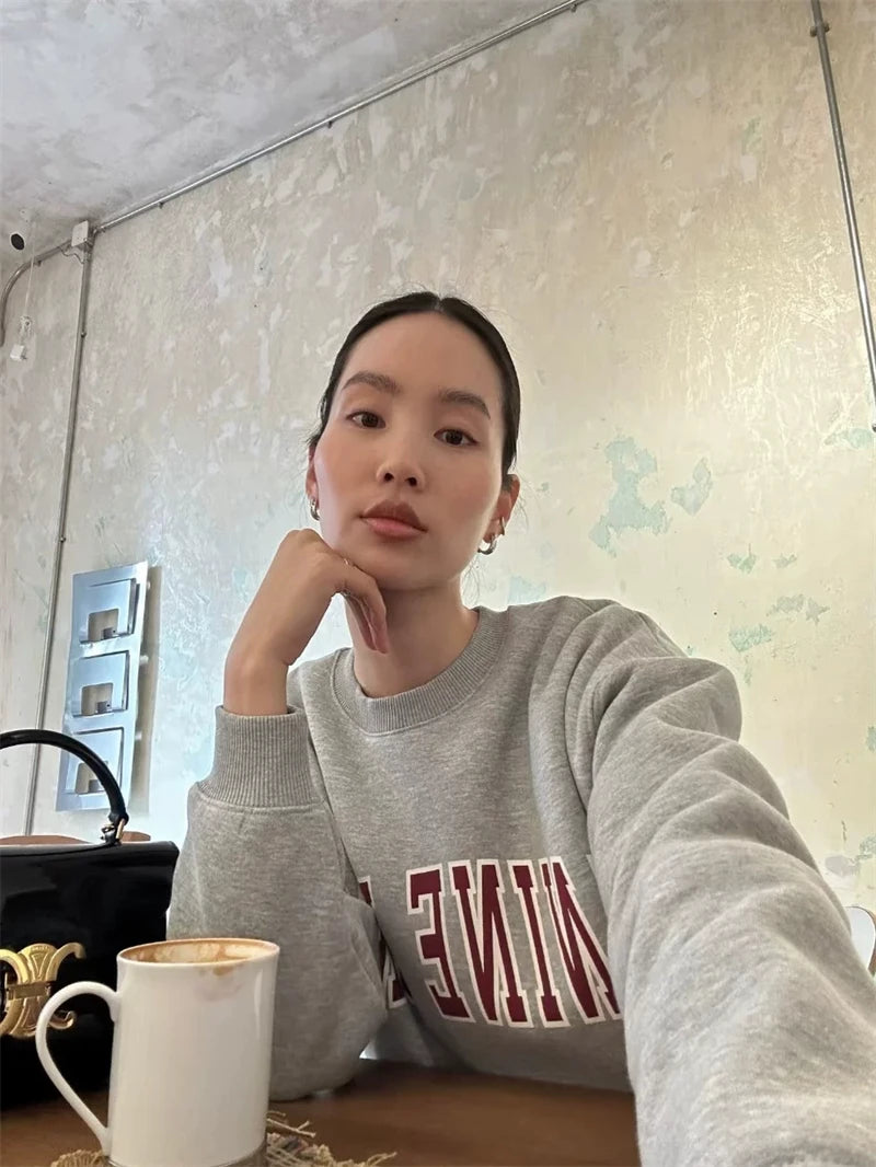 Casual Women Letter Embroidery Sweatshirts Autumn Cotton Loose Long Sleeve Hoodies Female Vintage Streetwear Oversize Pullovers - ATFH