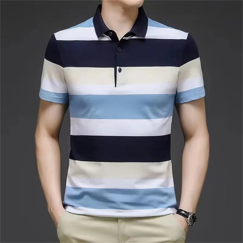 Men's Stripped Pattern Polo Shirt Summer Casual Short Sleeve Button Golf T Shirt Clothes Men's Oversized Polo Shirts Tops