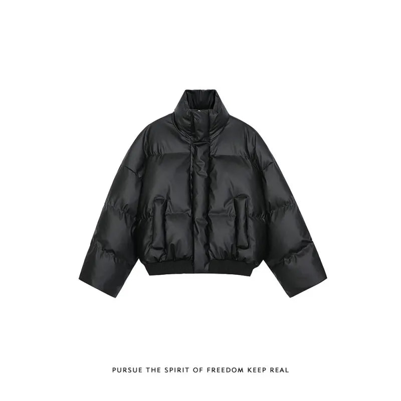 New 2025 Winter Women's Fashion Oversized Black Puffer Jacket Casual Windproof Stand Collar Short Cotton Down Coat for Women ATFH