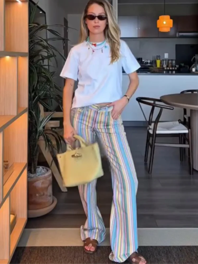 Colorful Striped Jeans Women's Low-Waist Pockets Wide-Leg Trousers 2026 Street Retro Multicolor Vertical Stripe Denim Pants ATFH