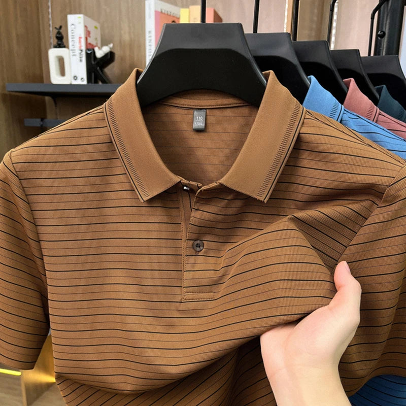 Personalized striped short sleeve polo shirt men's fashion summer new breathable comfort high-quality business casual T-shirt