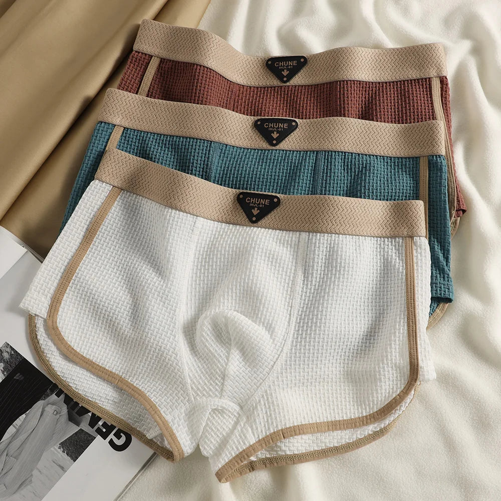 3PCS/Pack Fashion Ice Silk Knitted Plaid Boxers Breathable Comfort Mesh Crotch Underpants Super Soft High Elastic Men's Panties