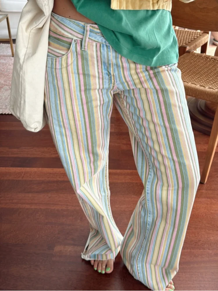 Colorful Striped Jeans Women's Low-Waist Pockets Wide-Leg Trousers 2026 Street Retro Multicolor Vertical Stripe Denim Pants ATFH