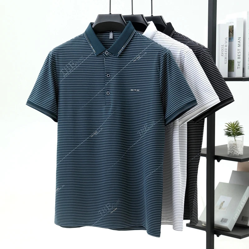 Light luxury stripe short sleeve men polo shirt summer trend brand letter embossed high-quality silky cotton breathable T-shirt