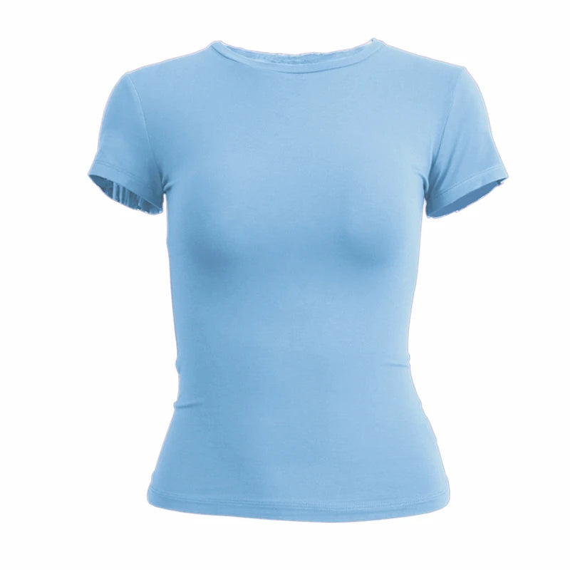 Woman Clothing Short Sleeve T-shirt Slim Fit Tops Female O-Neck Knitted Sheath Tee Shirt Street Wear Sex Sporty 2024 Y2K New2410 - ATFH