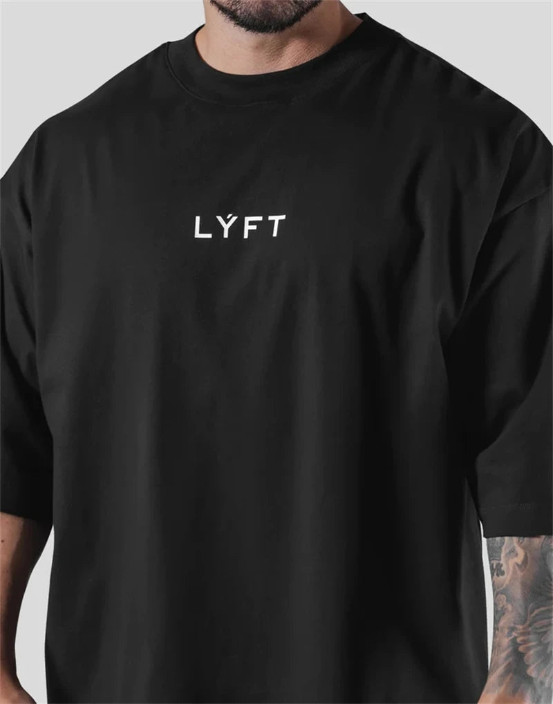 LYFT Loose Men Gym Running T-Shirts Breathable Short Sleeve Summer Cotton Fitness T Shirt  Sports Bodybuilding Training TEE Tops ATFH