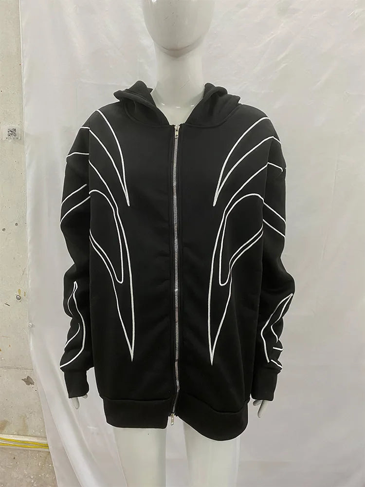 Street Retro Fashion Clothing Striped Embroidered Black Double Zipper Hoodie American Hip-hop Punk Oversized Sweatshirt Women