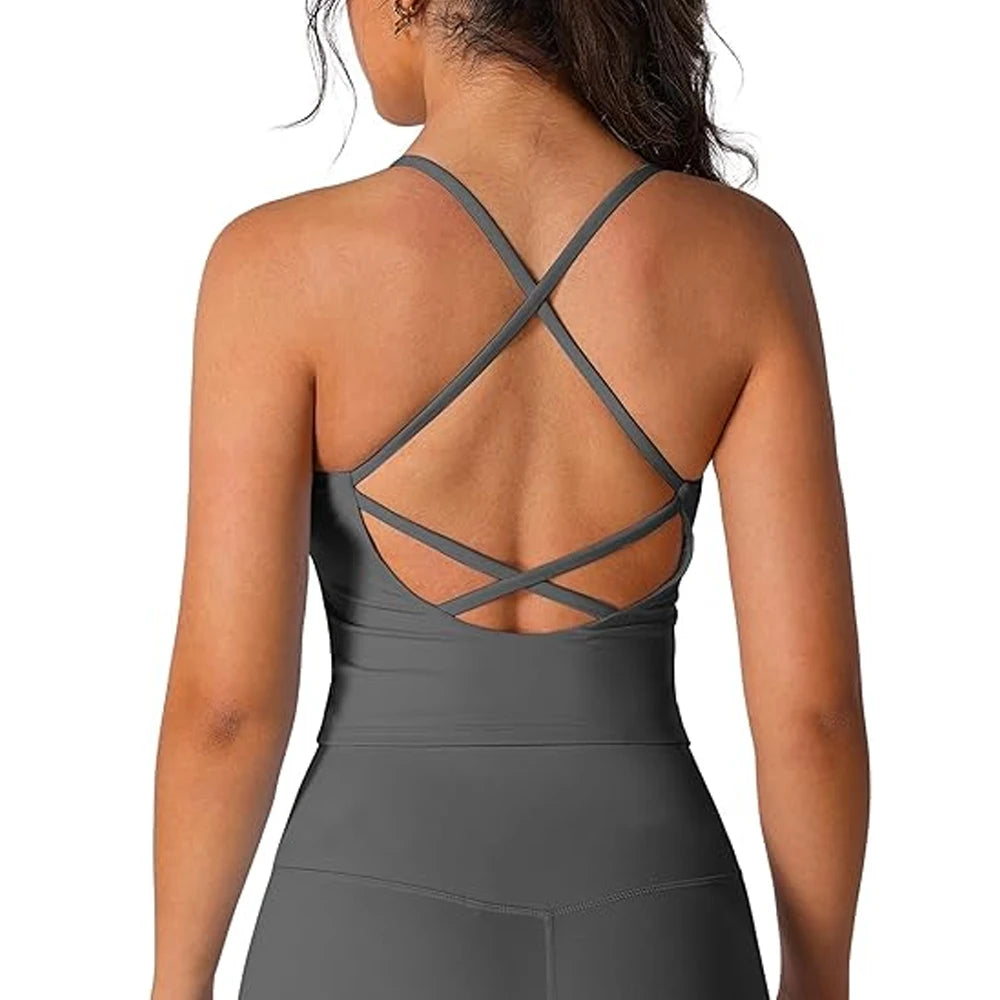 Womens Longline Sports Bras V Neck Criss Cross Back Gym Yoga Padded Workout Crop Tank Top with Built in Bra - ATFH