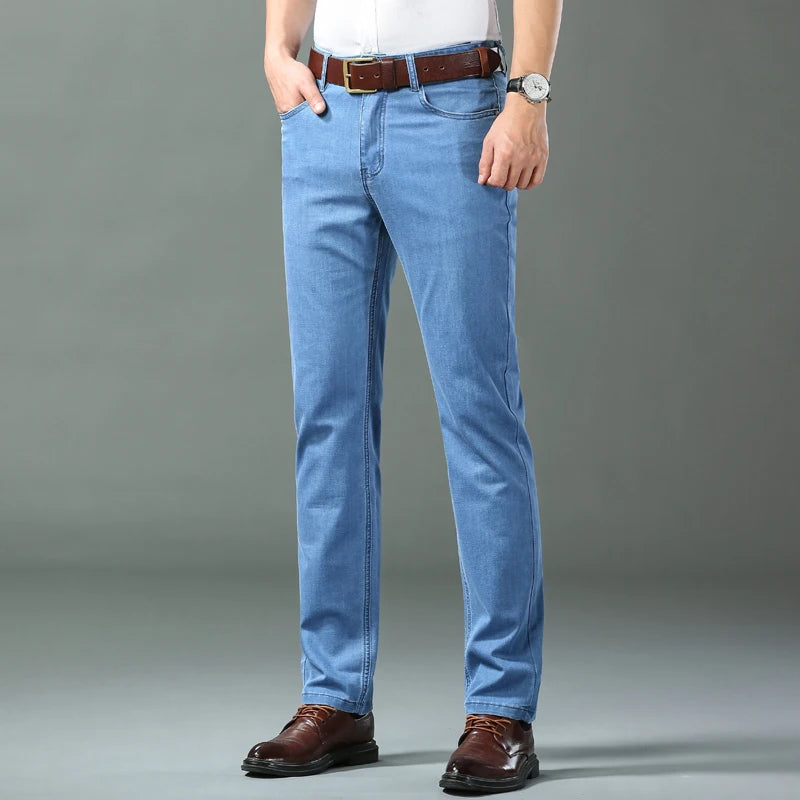 2023 Spring/summer Thin Denim Straight Cotton Stretch Jeans Men Business Casual Cloth  High Waist Ice Silk  Lightweight Trousers ATFH