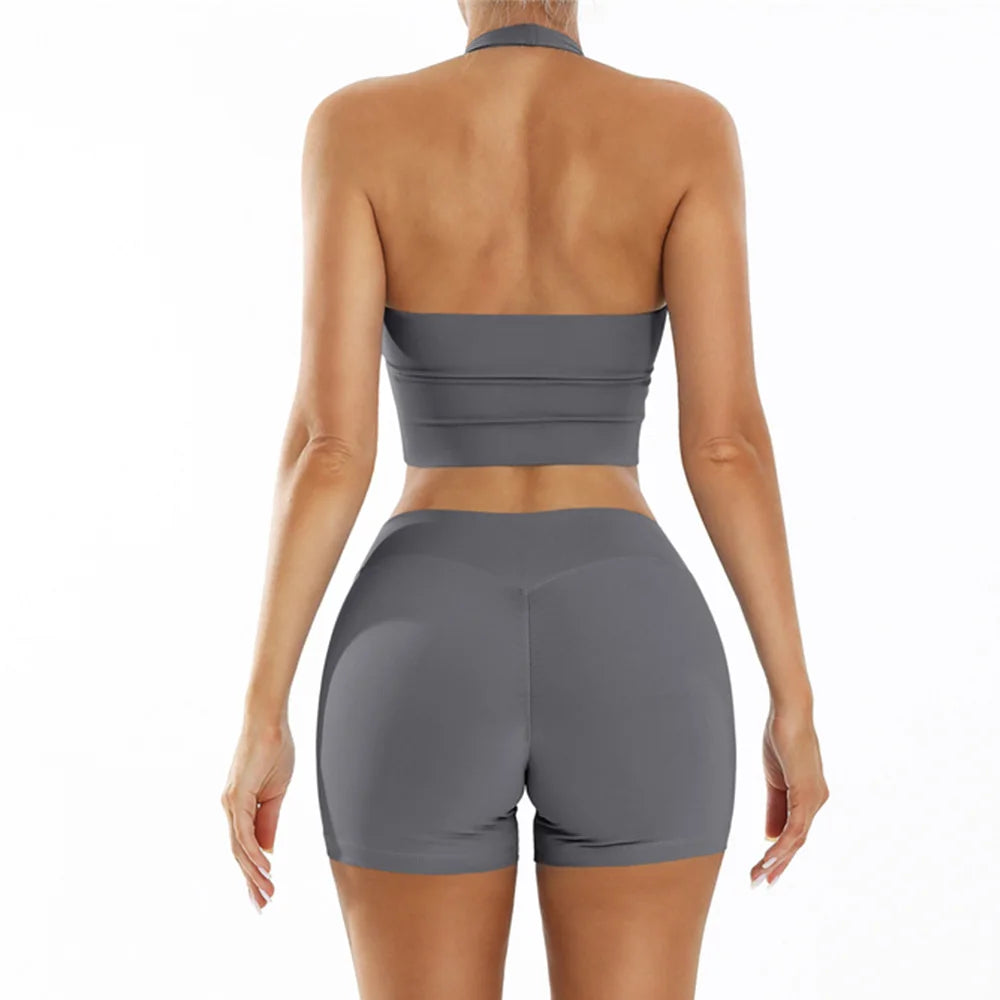 2PCS Short Yoga Set Women Gym Outfits Tracksuits Fitness Suits Sport Bra Push Up Shorts Sportswear Workout Clothes Summer - ATFH