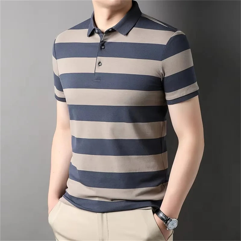 Men's Stripped Pattern Polo Shirt Summer Casual Short Sleeve Button Golf T Shirt Clothes Men's Oversized Polo Shirts Tops