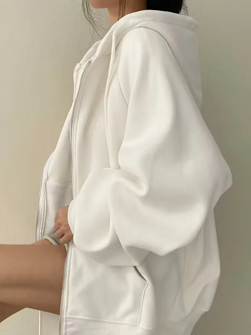 Women's Casual Oversized Hoodies Sweatshirt Zipper Pockets Solid Color Pullover Loose Fit  Autumn Winter Fall Streetwear Jacket - ATFH