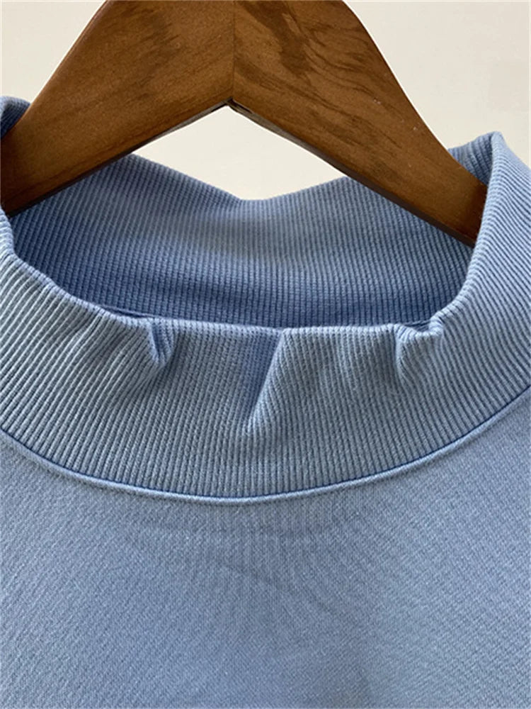 Letters Patch Embroidery Women Blue Sweatshirts Long Sleeve Vintage Female Stand Collar Pullover Casual Ladies Sports Top - ATFH