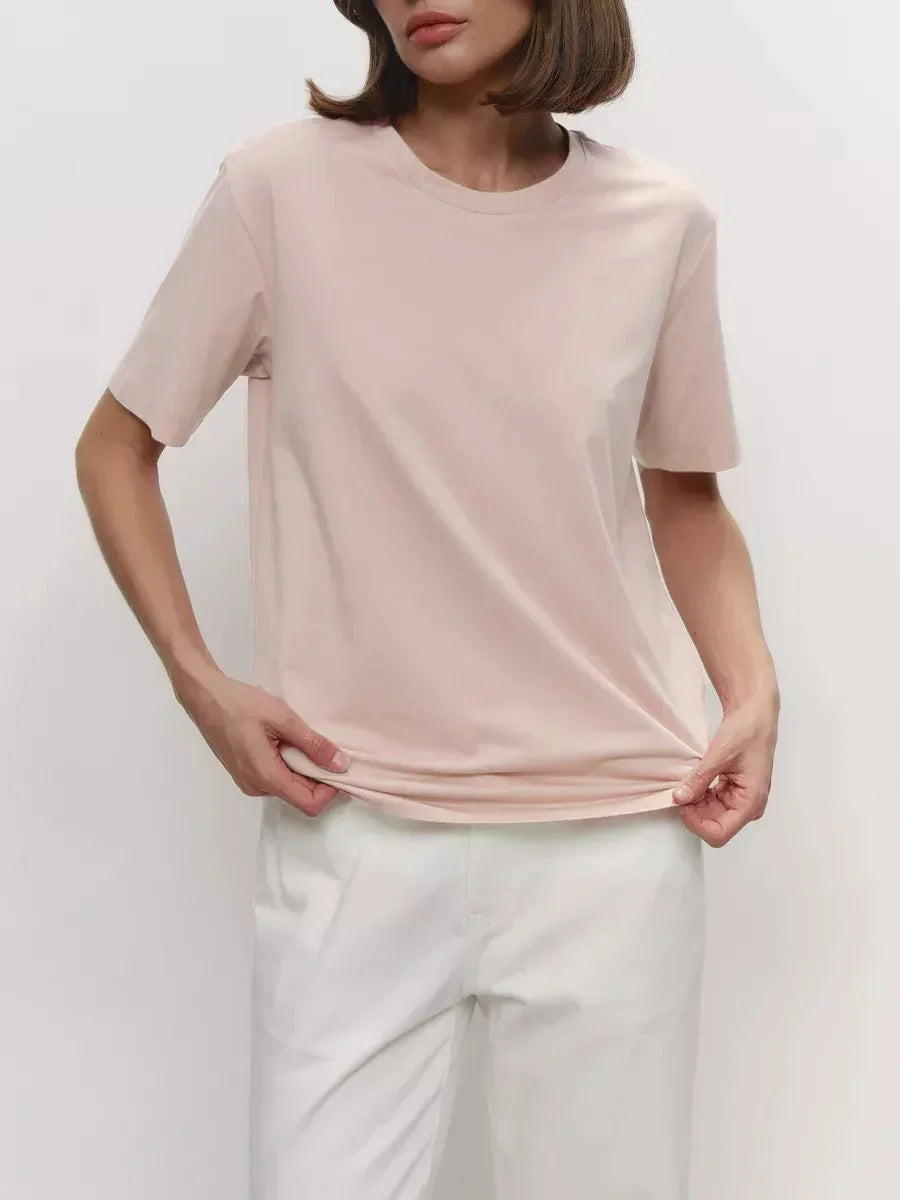 Sumuyoo Summer 100% Cotton Women's T-shirt Bottoming Basic Fashionable Lady Short Sleeve Loose Tops Shirts Solid 230g/㎡ Tops - ATFH