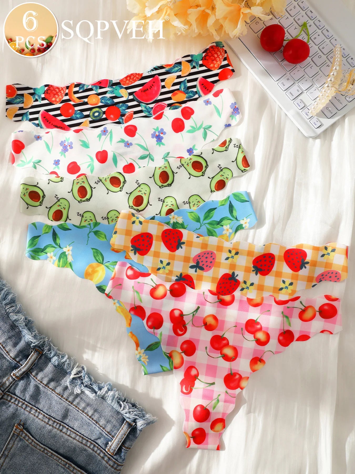 6Pcs Women's Fruits Print Seamless Thongs No Show Invisible Soft Stretch Ice Silk Multi-color Panties